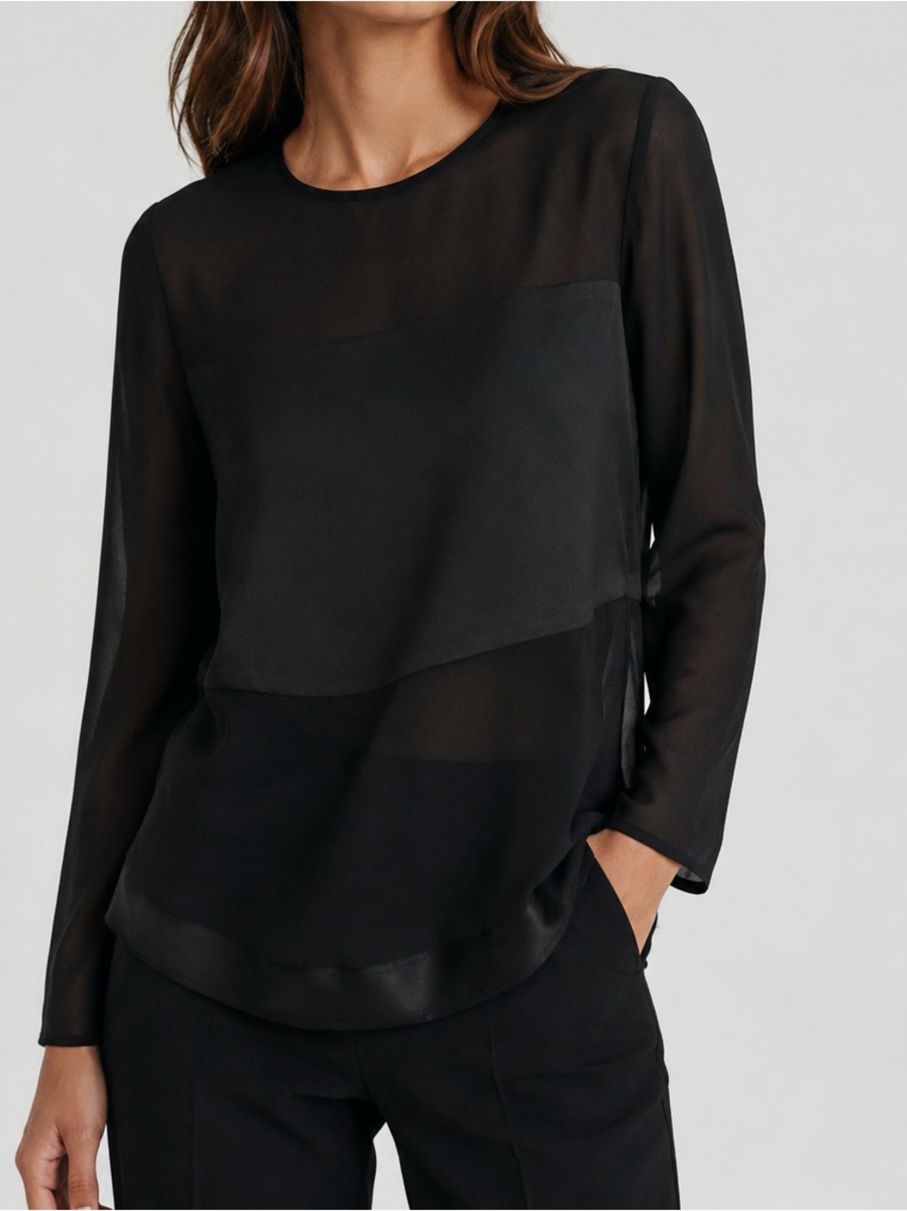 Zara Blouse Mixed Vented Blouse Black with semi sheer long sleeves size Large